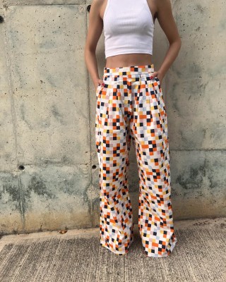 Tetris Pantul - Kare Desenli Çok Renkli %100 Pamuk Kadın Pantolon
